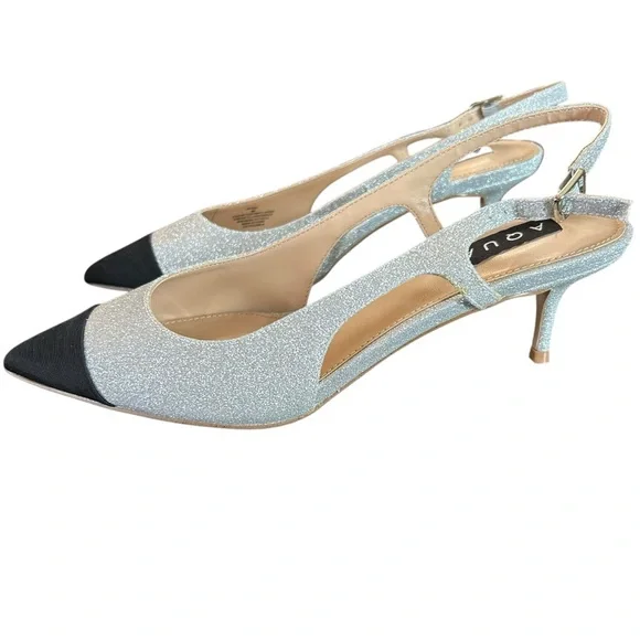 Aqua  Koko Pointed Toe Slingback Pumps Silver Glitter Kitten Heel NEW 8 - Picture 2 of 10